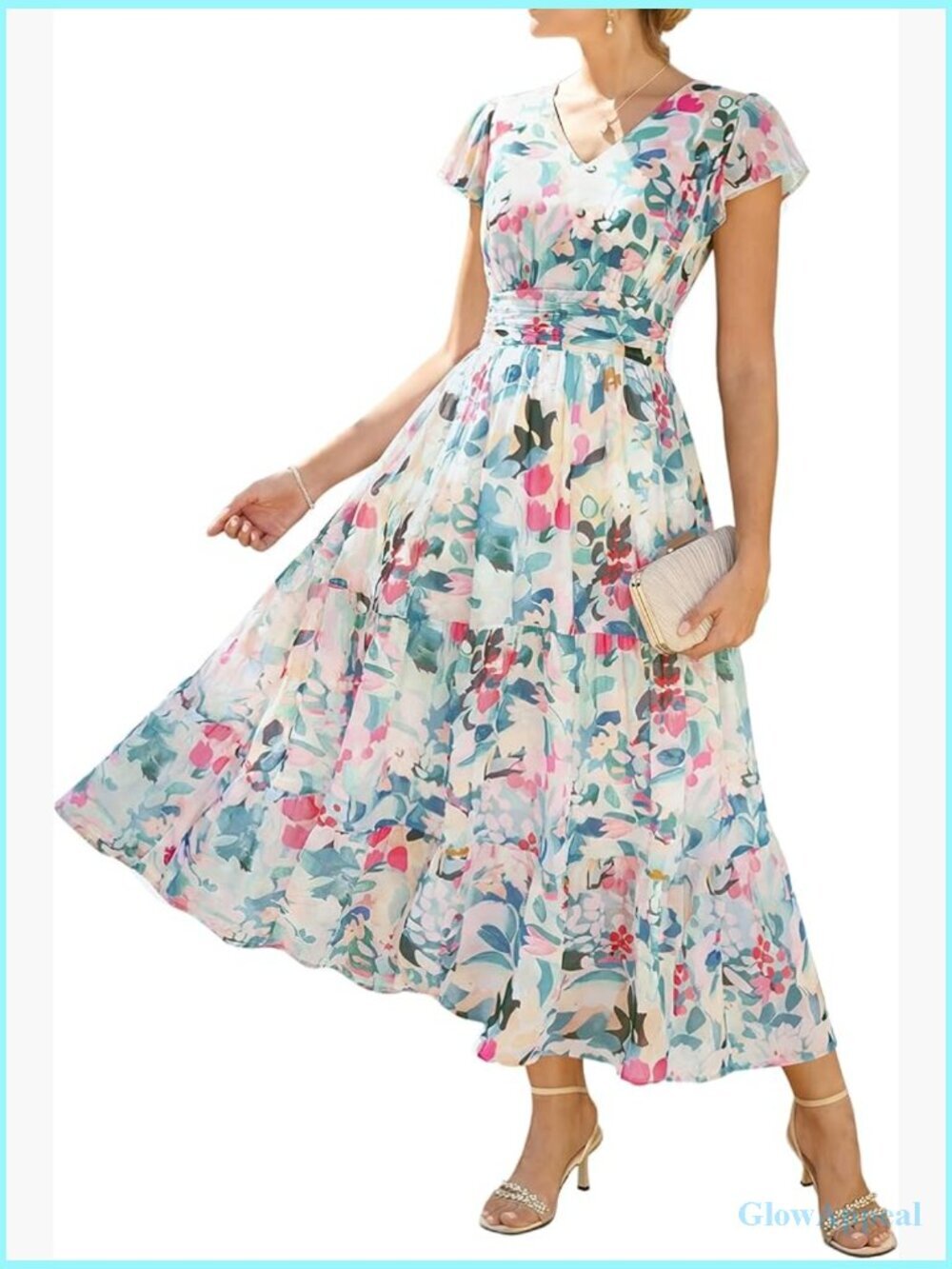 Women Maxi Floral Dress V-Neck Short Sleeve Flowy Wedding Guest with Pockets